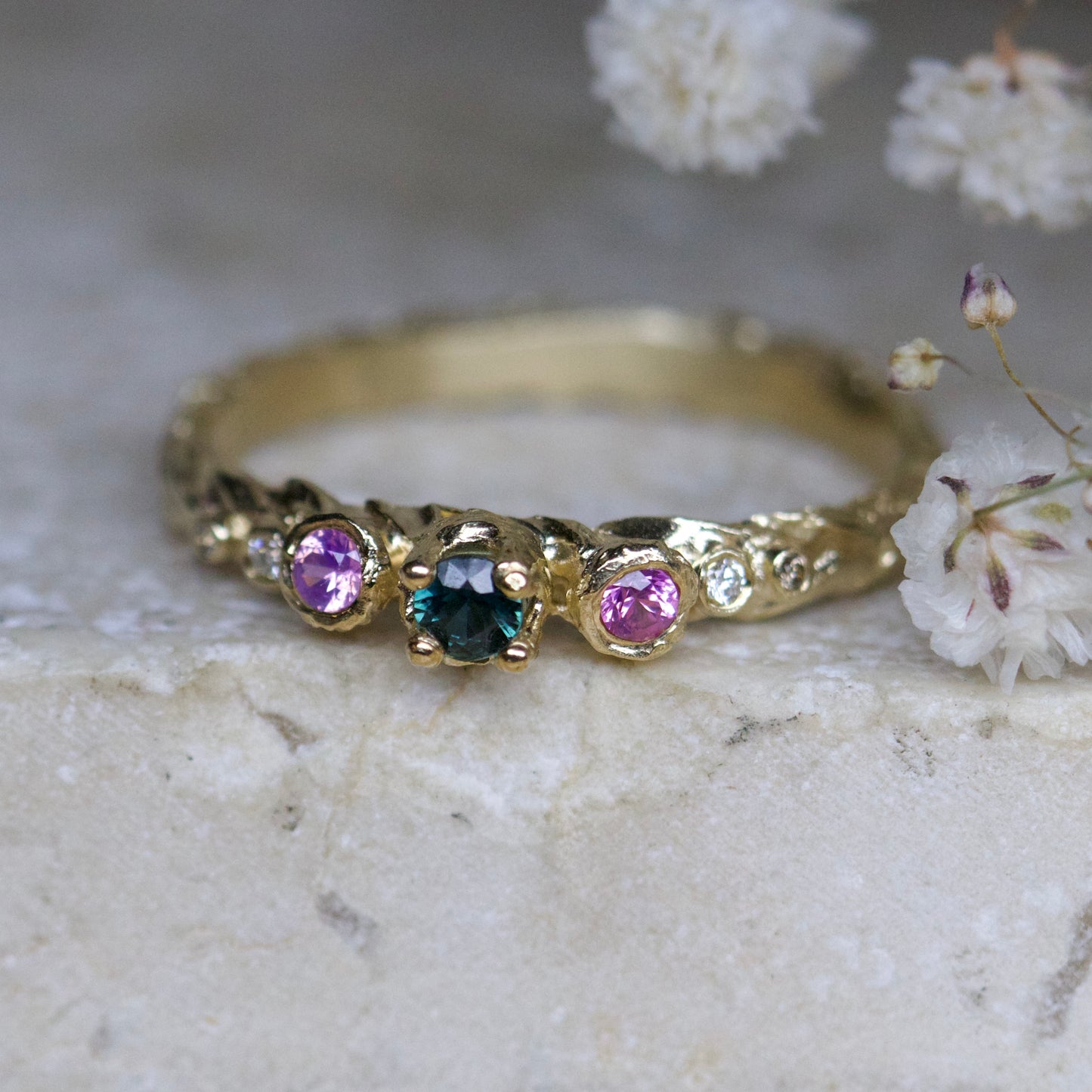 Teal & pink sapphire harvest band