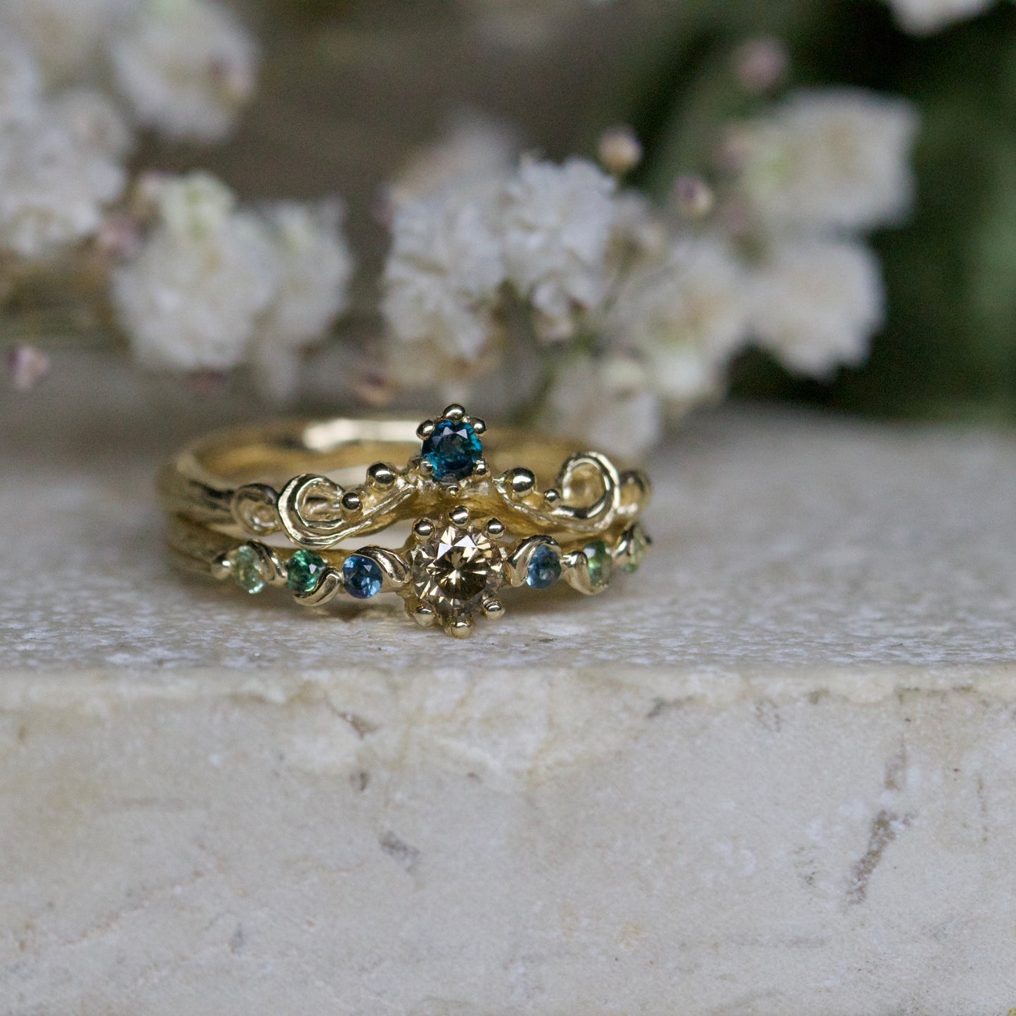 Morgana cognac diamond & sea green sapphire ring set ~ can be sold separately ( ready to ship )