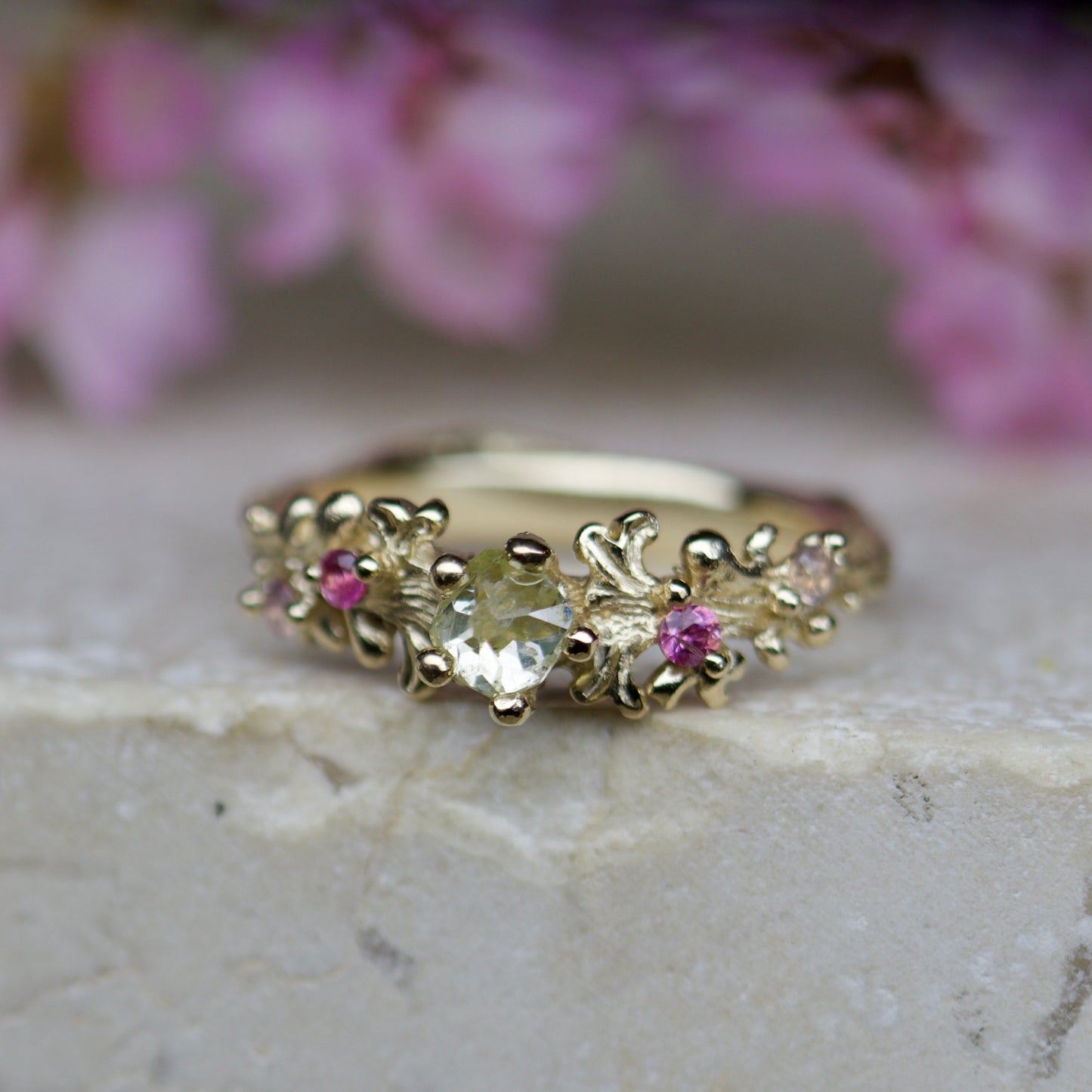 Gingko diamond & pink sapphire ring