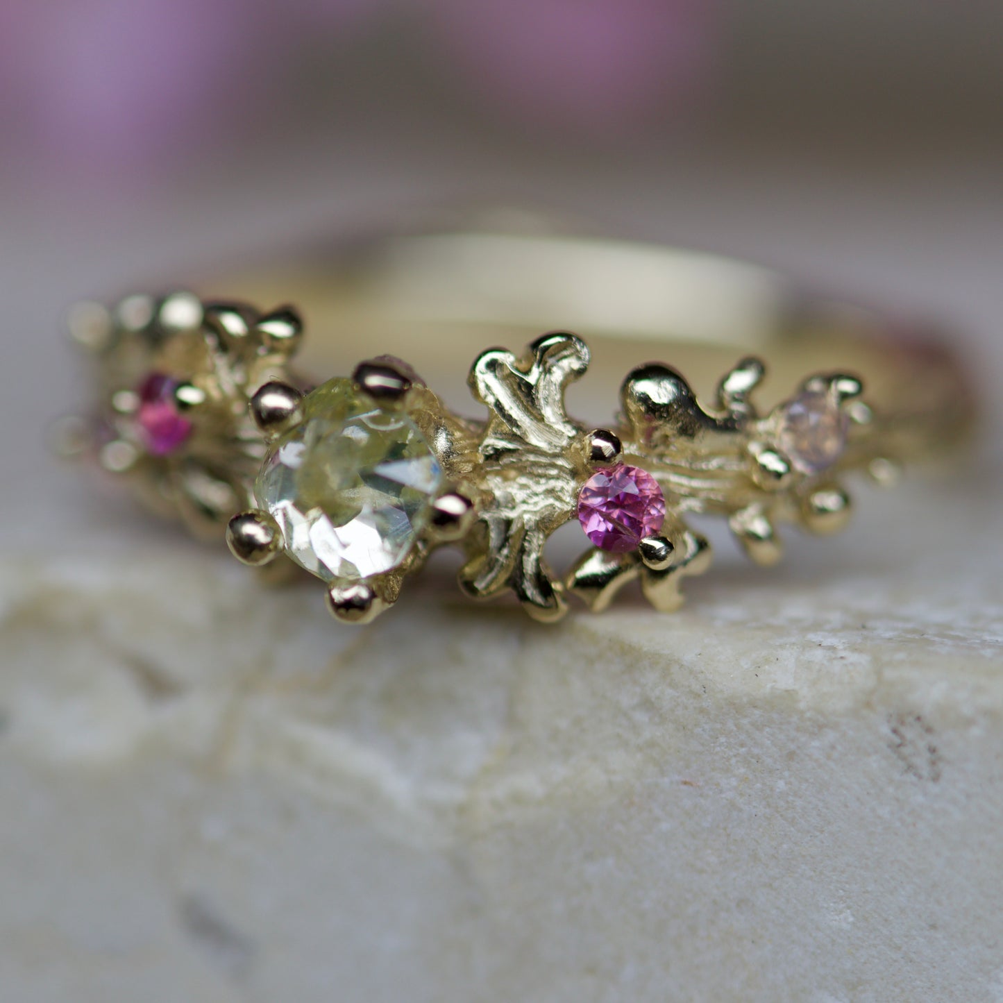 Gingko diamond & pink sapphire ring
