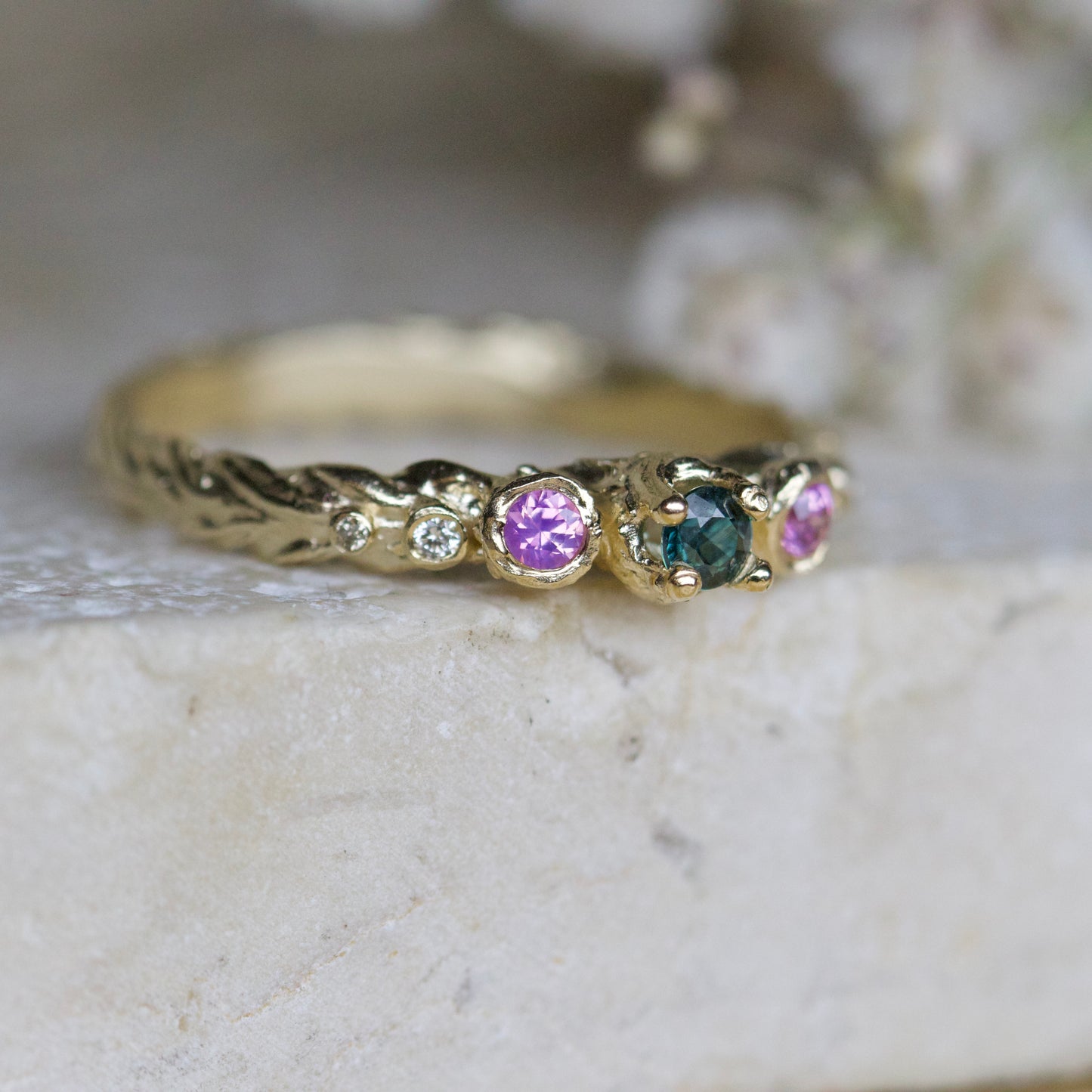 Teal & pink sapphire harvest band