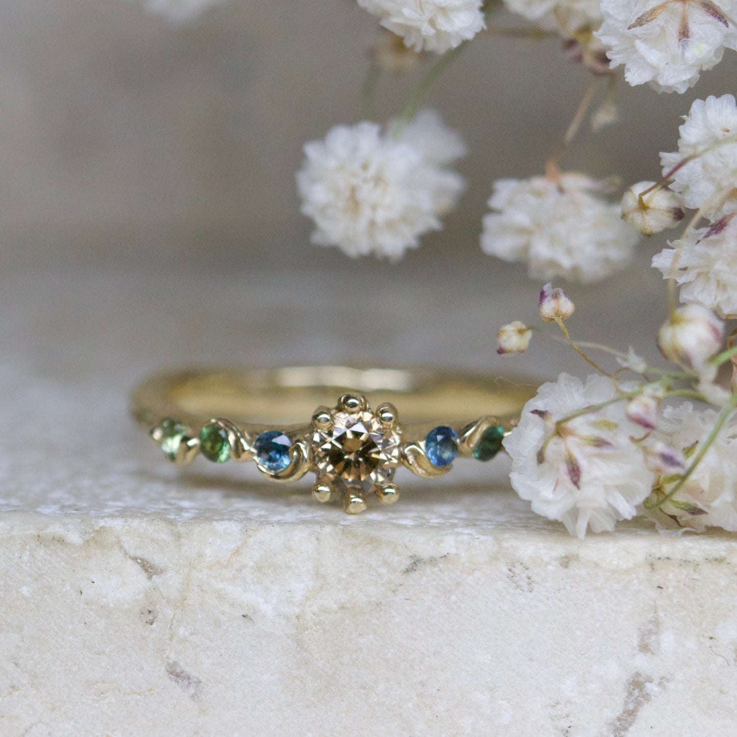 Morgana cognac diamond & sea green sapphire ring set ~ can be sold separately ( ready to ship )