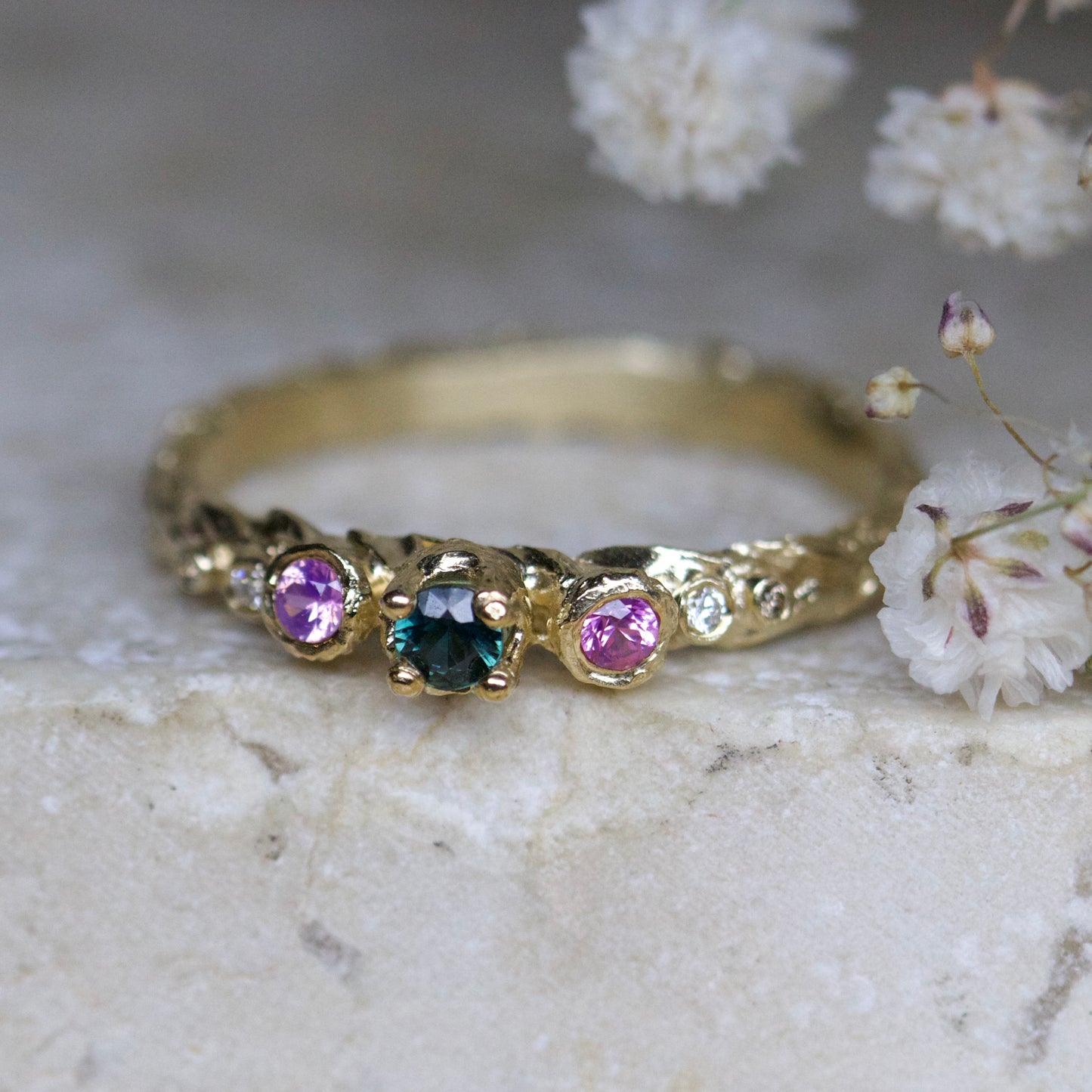 Teal & pink sapphire harvest band