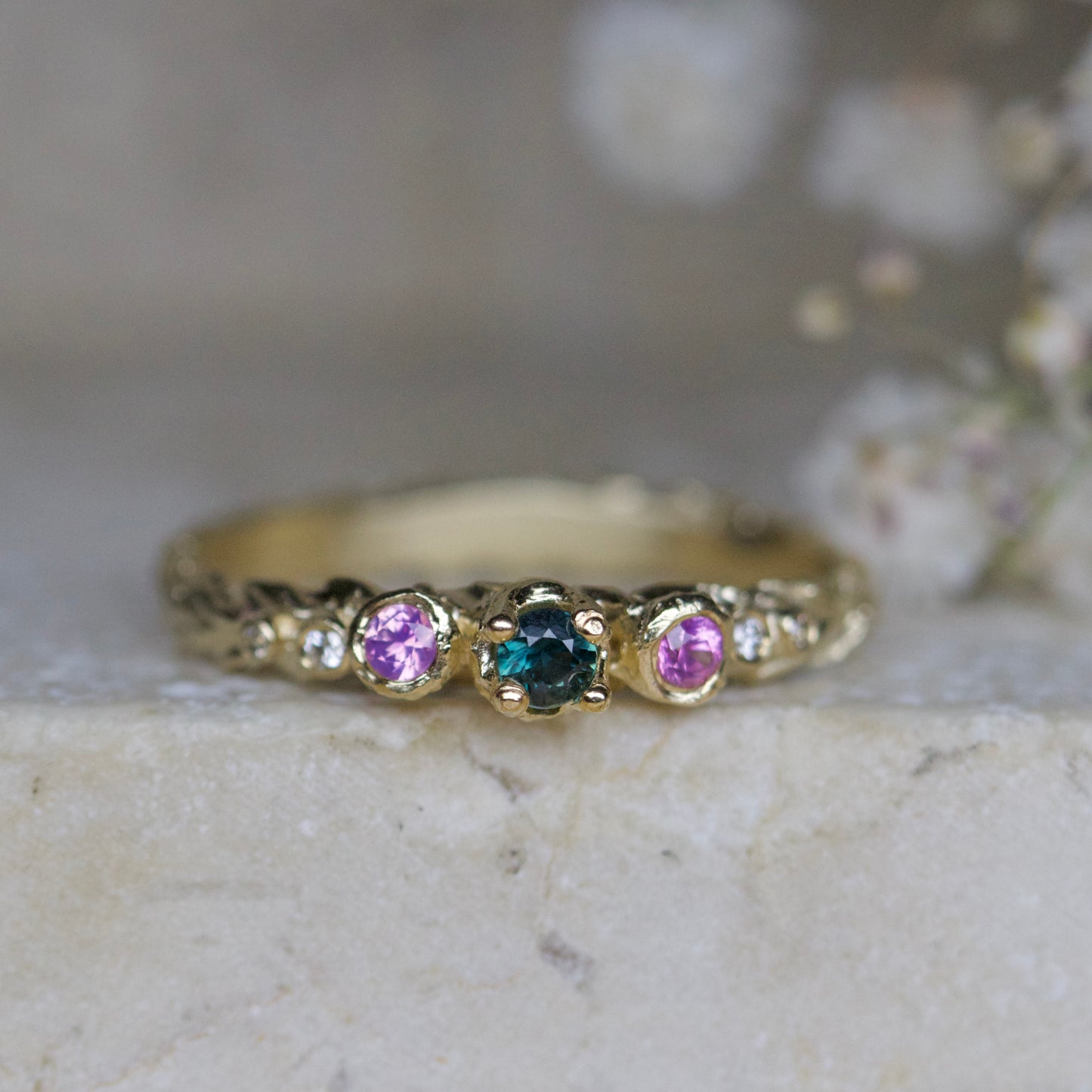 Teal & pink sapphire harvest band