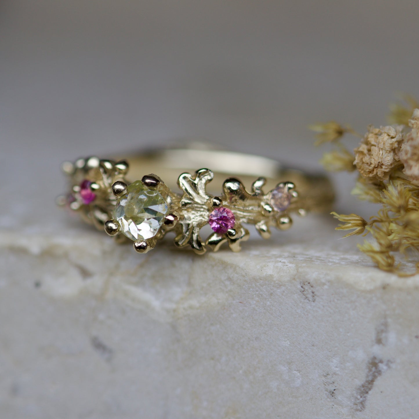 Gingko diamond & pink sapphire ring