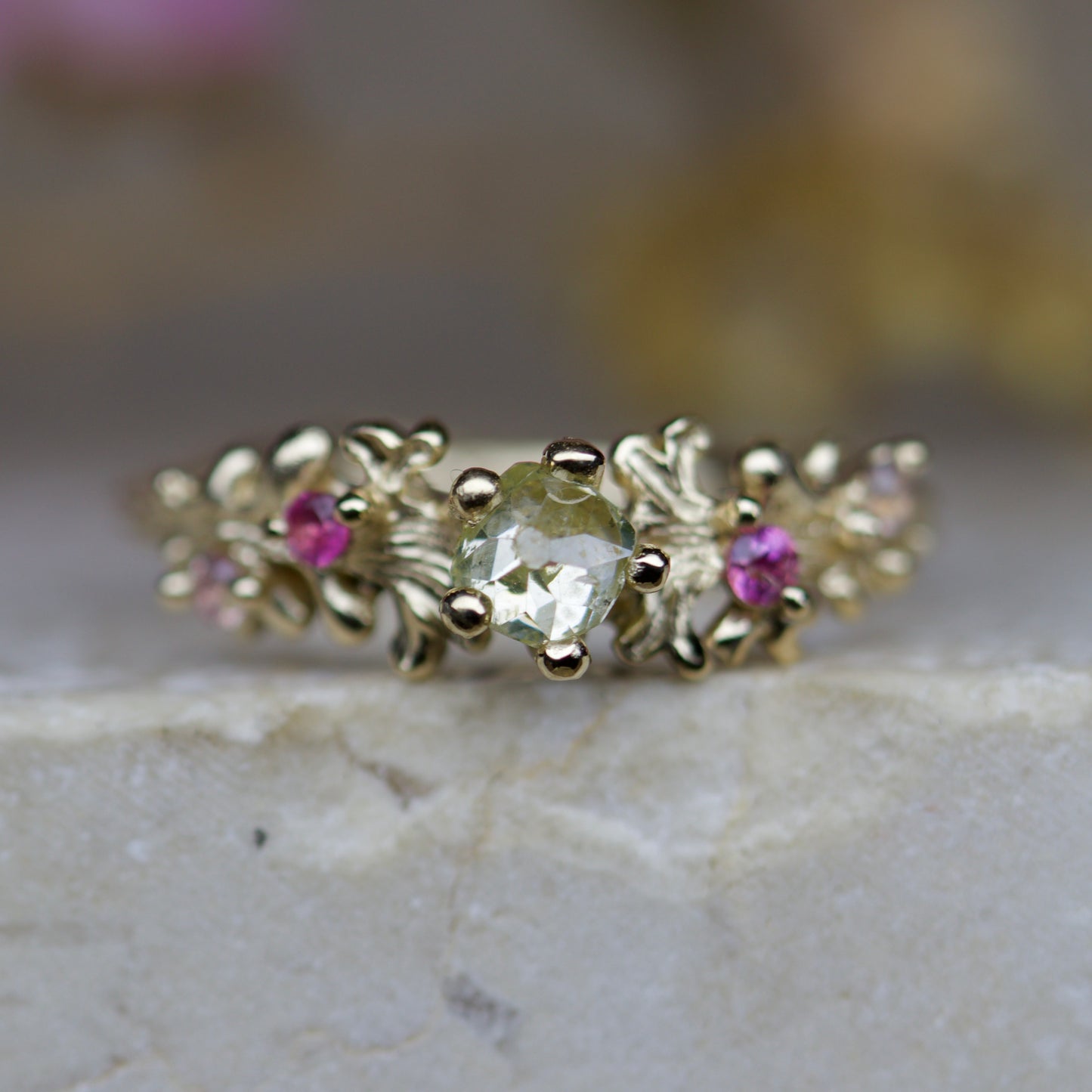 Gingko diamond & pink sapphire ring