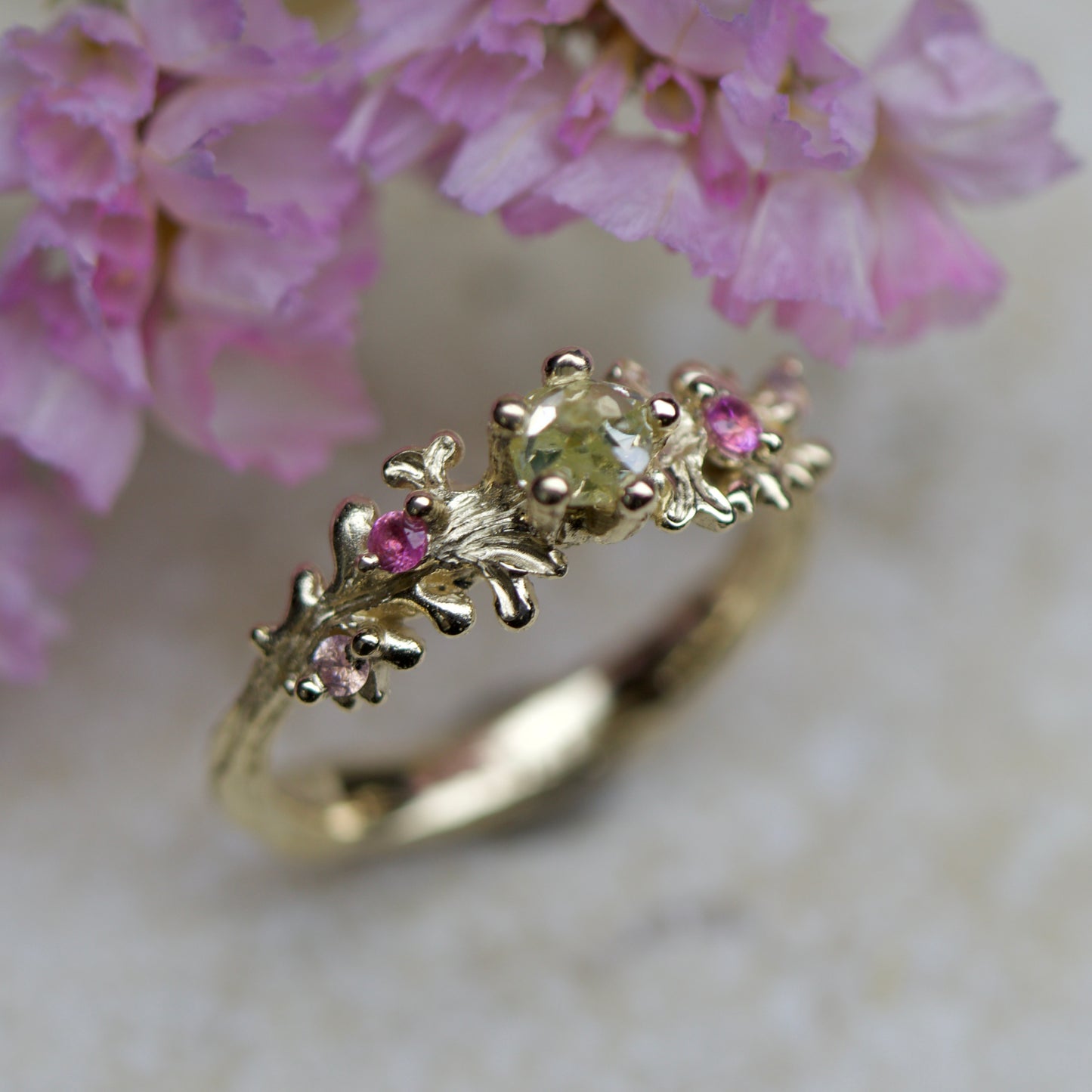 Gingko diamond & pink sapphire ring