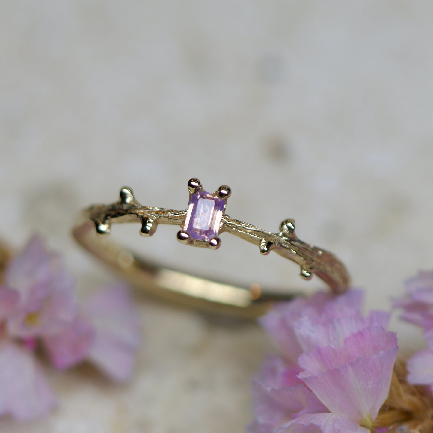 Twig ring with pink sapphire