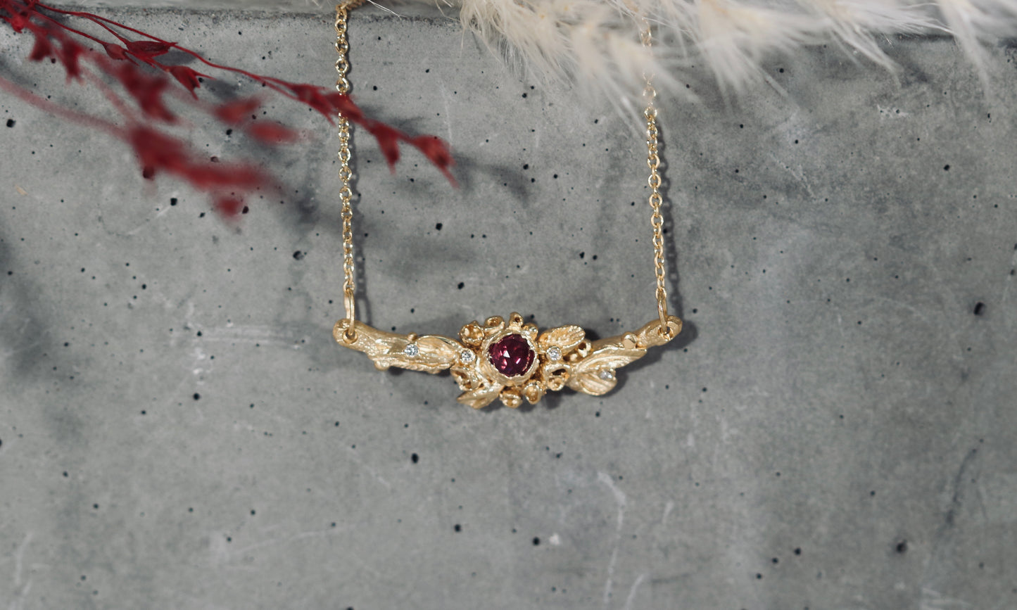 Celyn Garnet & Diamond wreath necklace