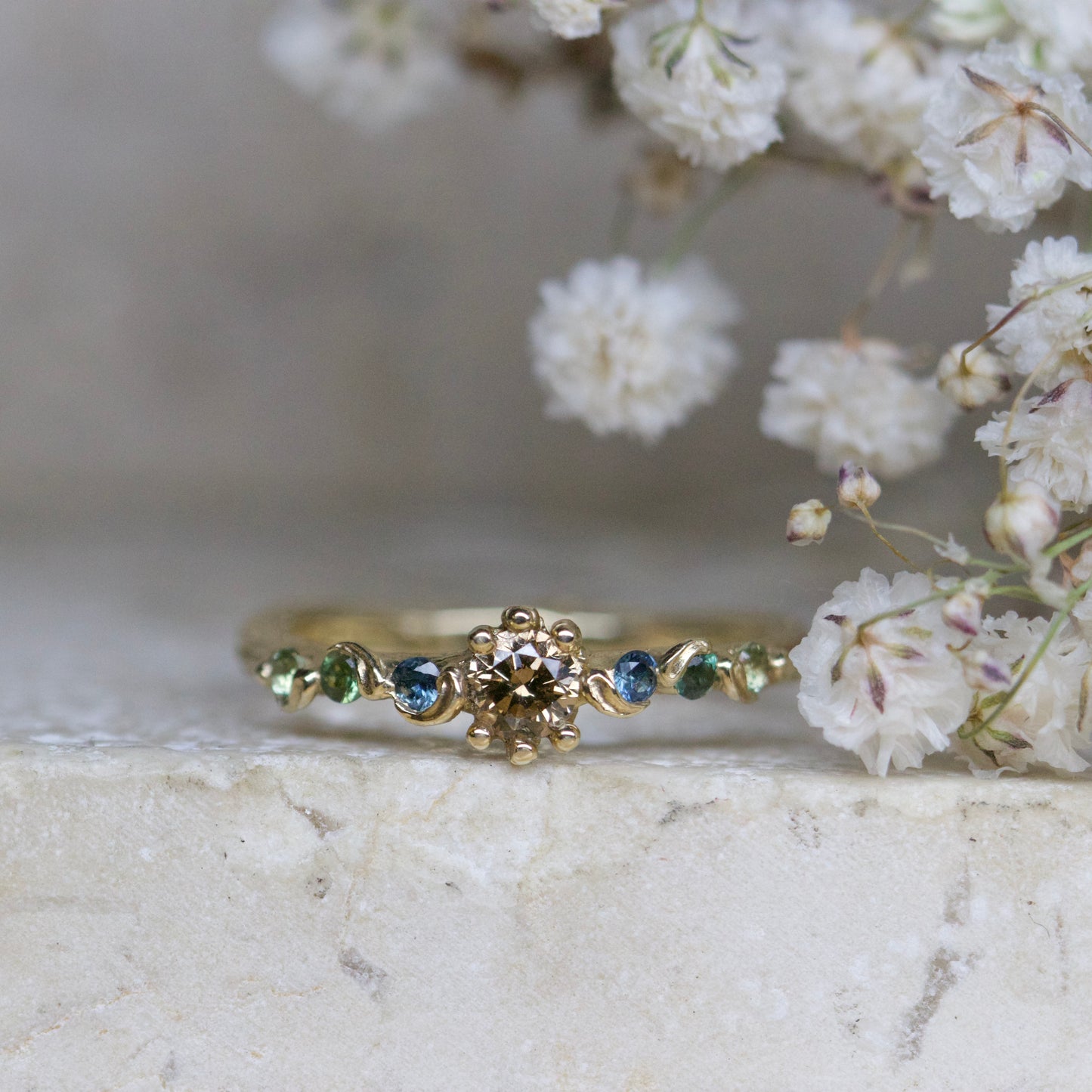 Morgana cognac diamond & sea green sapphire ring set ~ can be sold separately ( ready to ship )