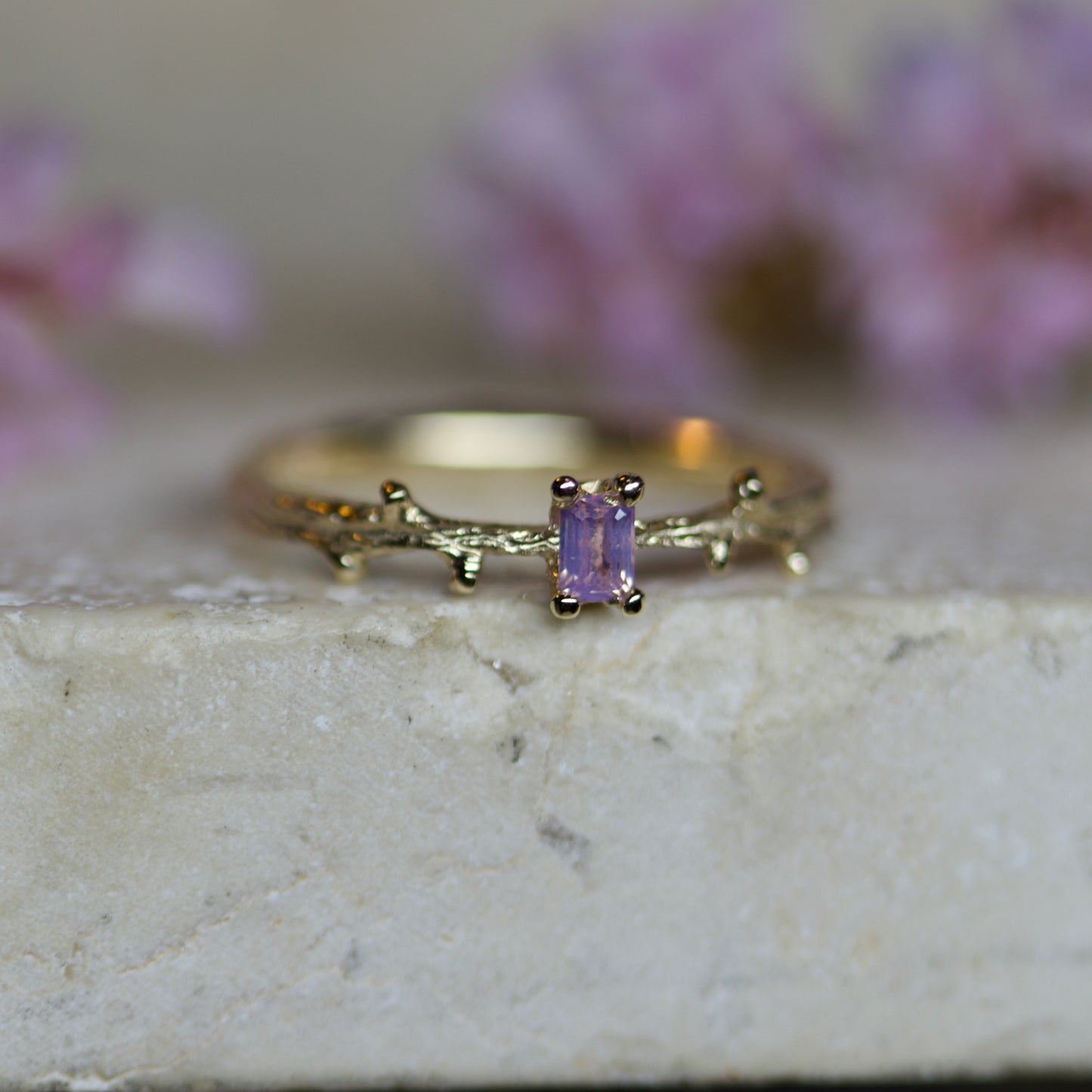 Twig ring with pink sapphire