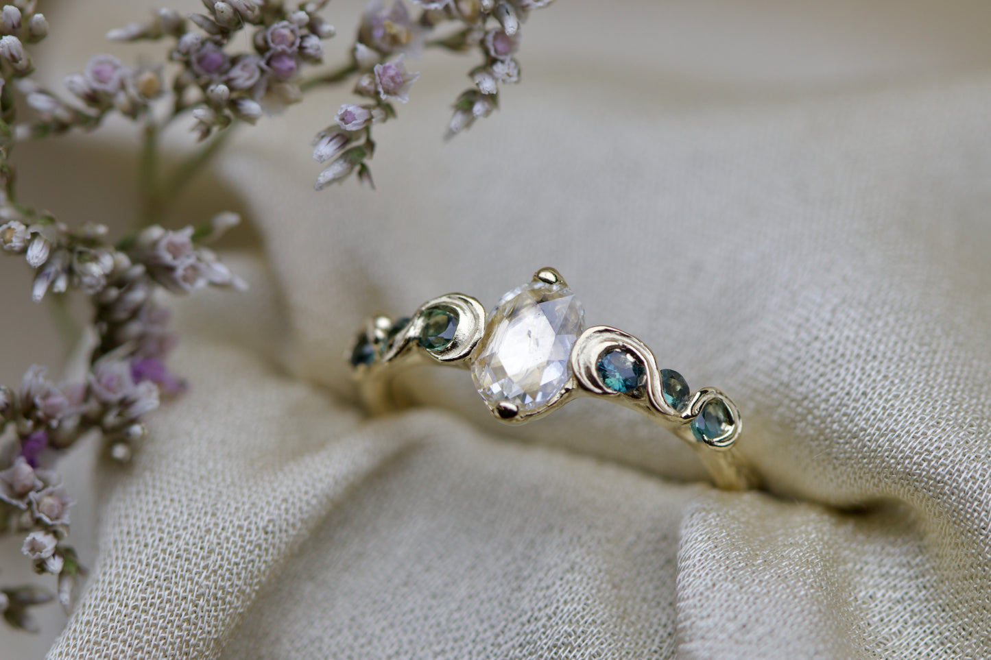 Champagne diamond and blue sapphire fae ring