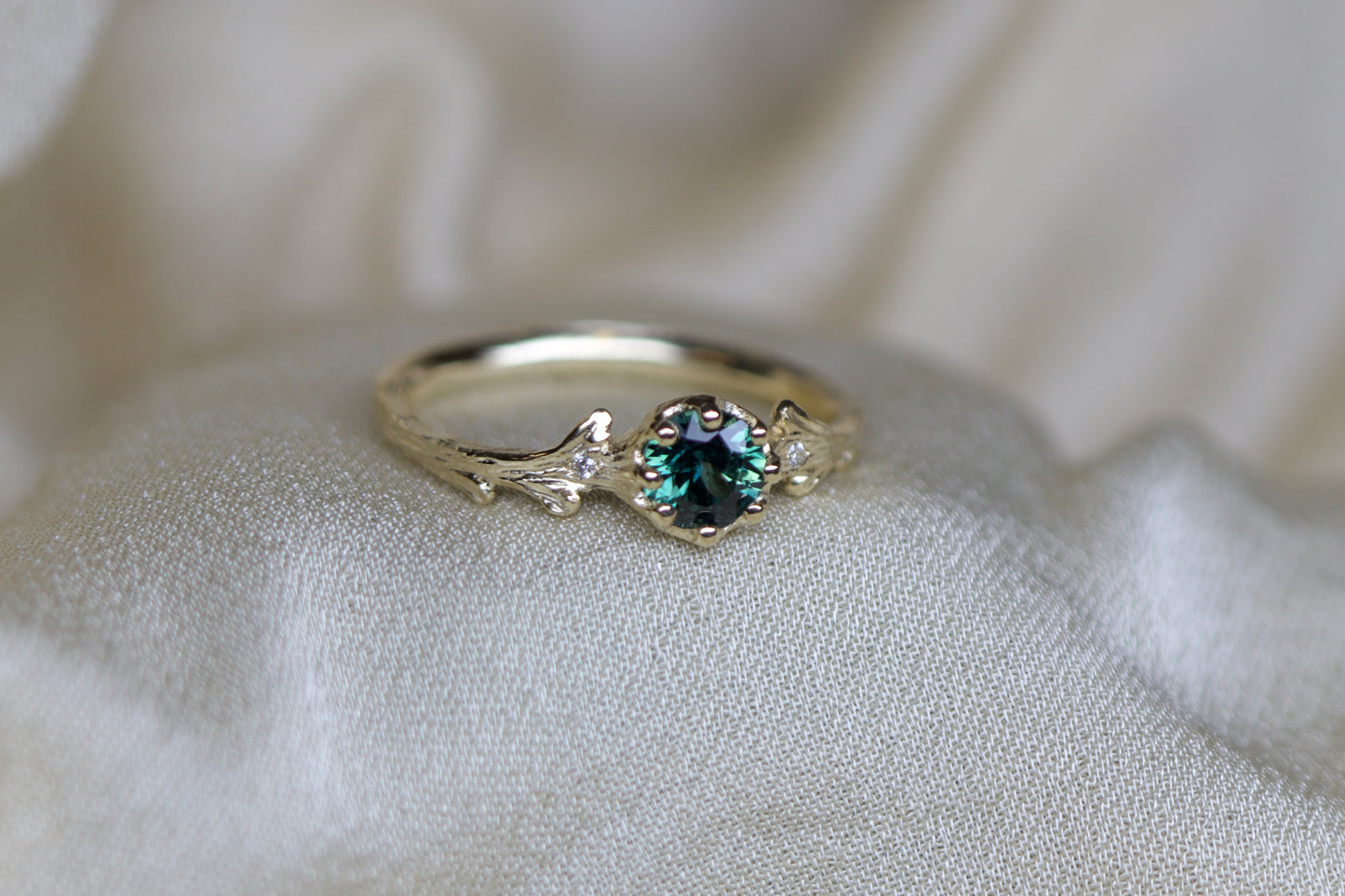 Teal sapphire & Hawthorne ring