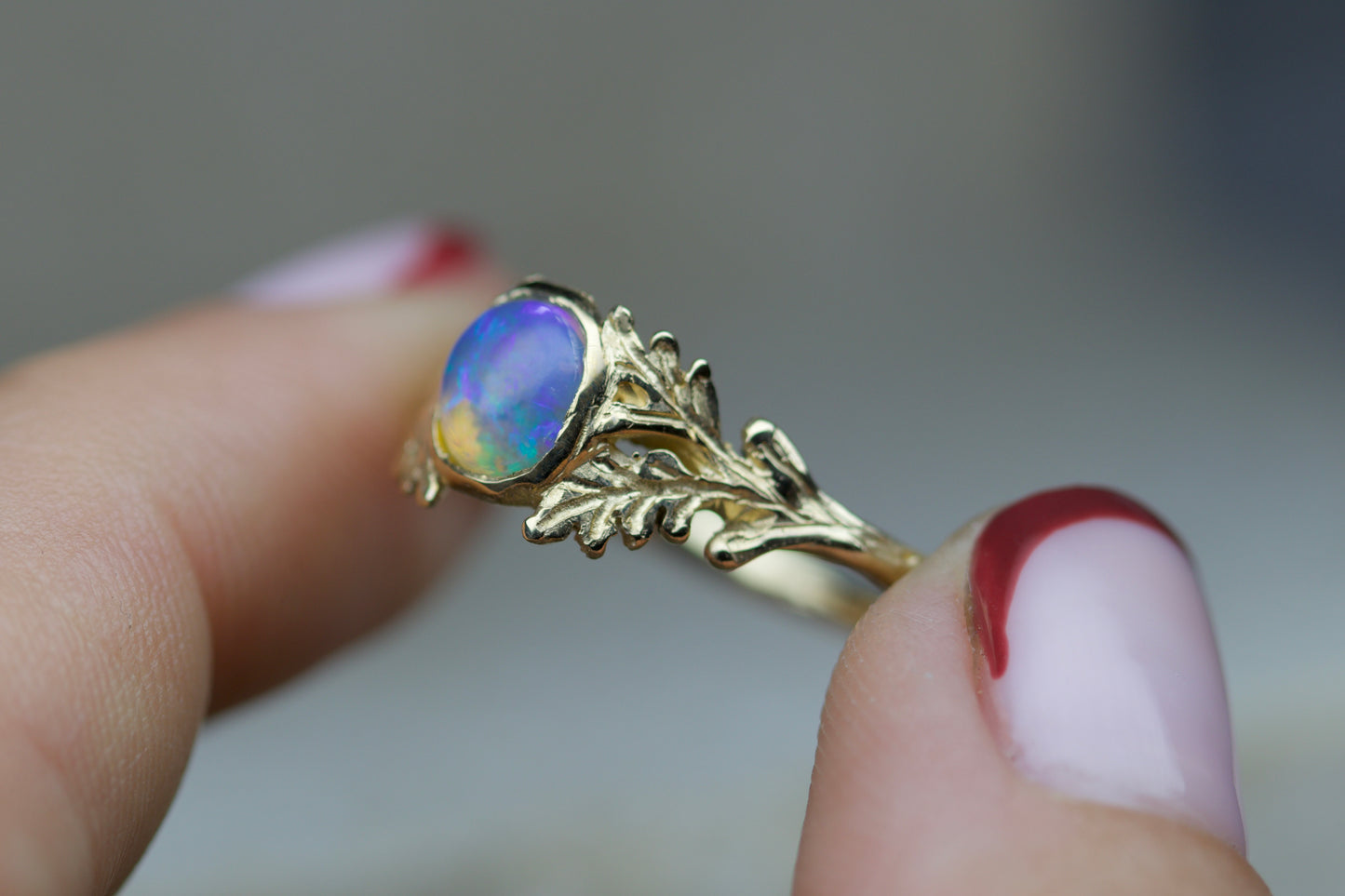 Coober pedy opal & oak leaf ring ( ready to ship )