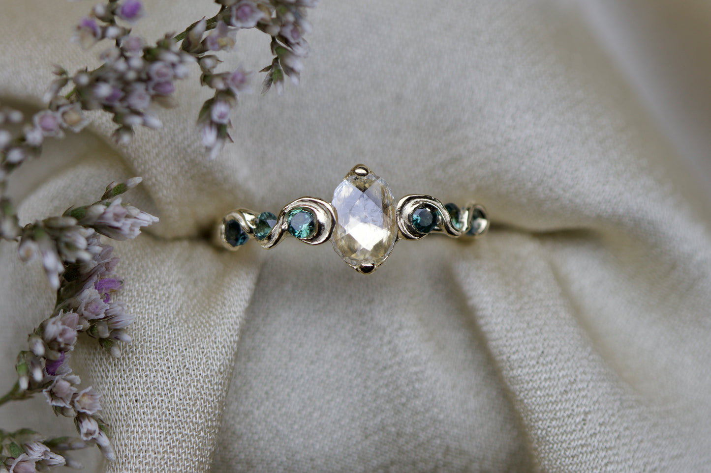 Champagne diamond and blue sapphire fae ring
