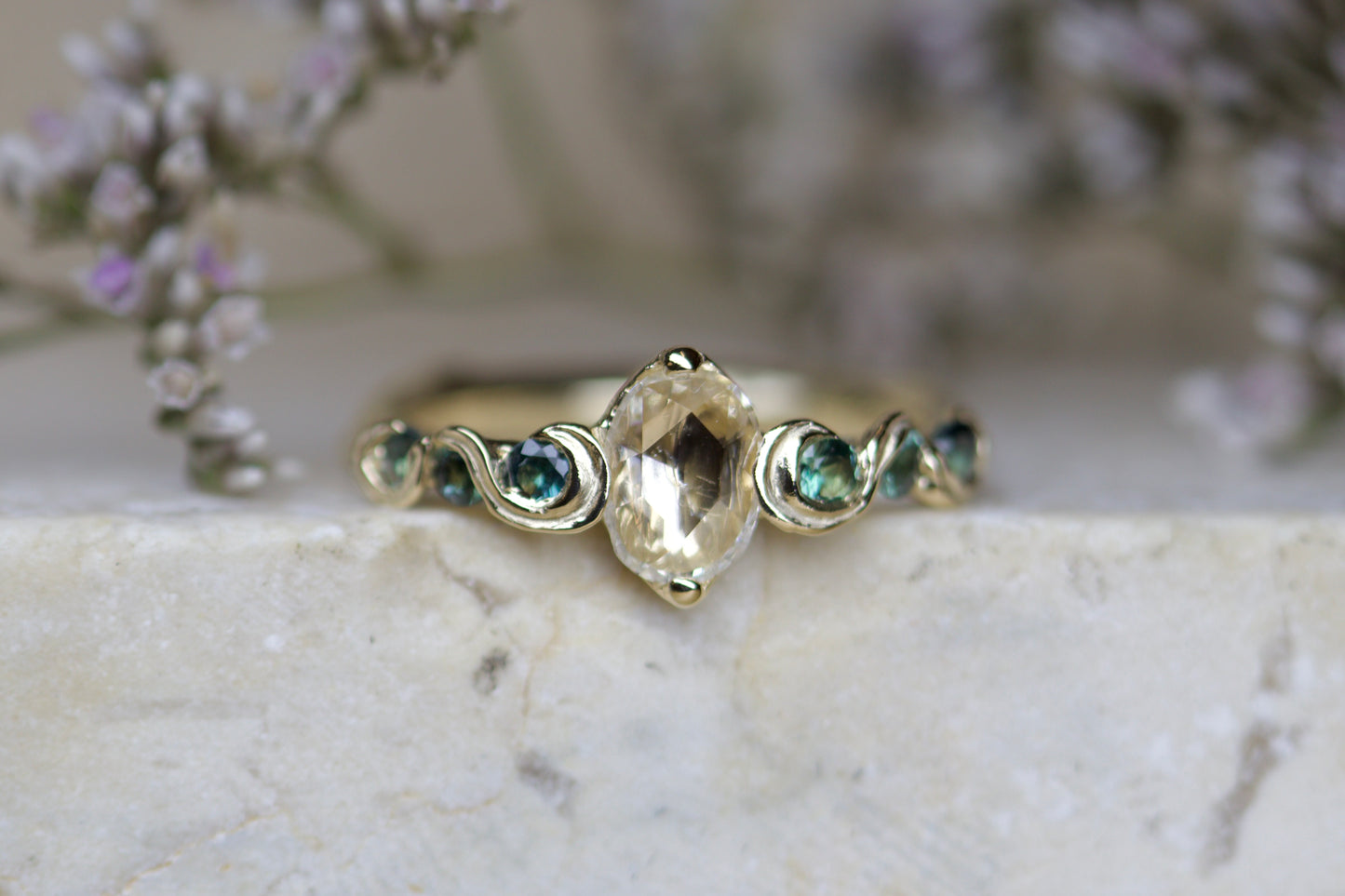 Champagne diamond and blue sapphire fae ring