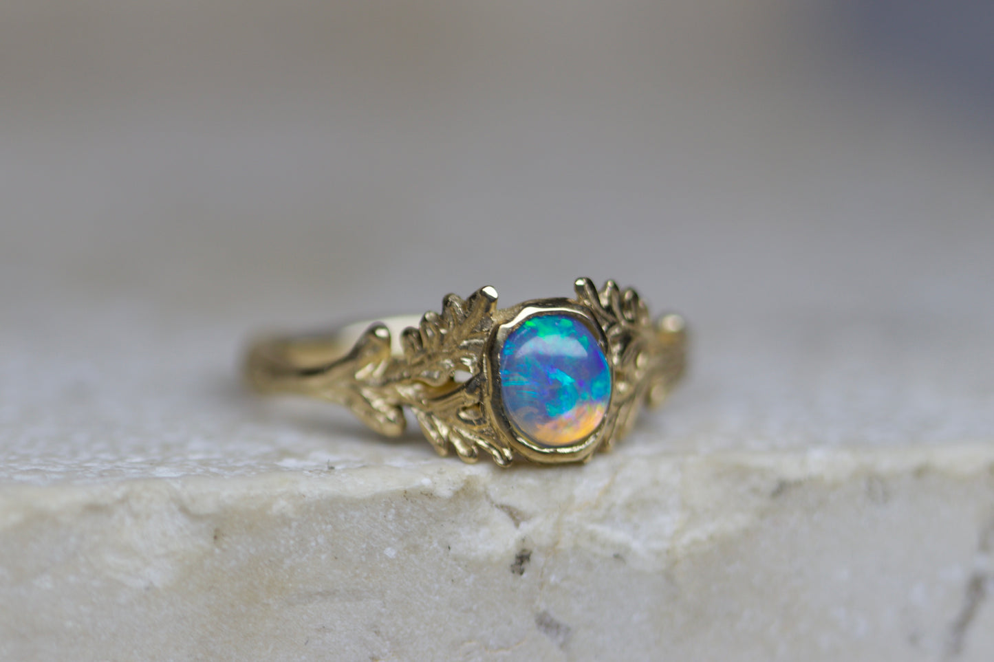 Coober pedy opal & oak leaf ring ( ready to ship )