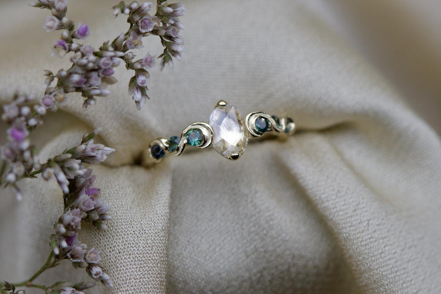 Champagne diamond and blue sapphire fae ring