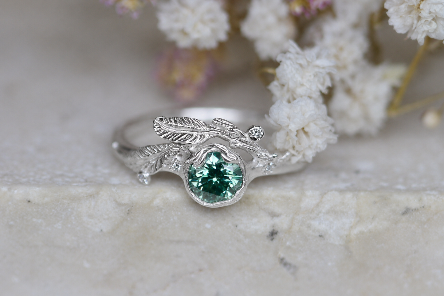 Sea green moissanite & diamond birch ring