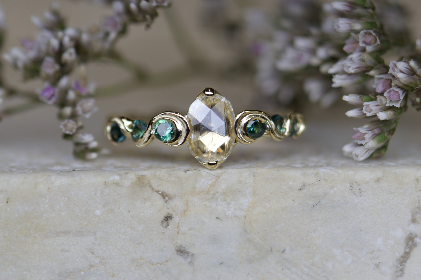 Champagne diamond and blue sapphire fae ring