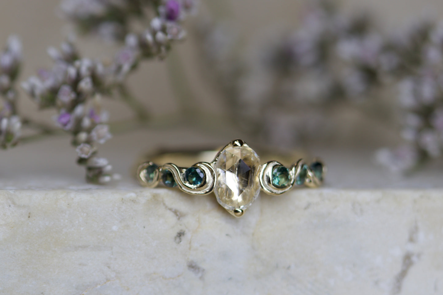 Champagne diamond and blue sapphire fae ring