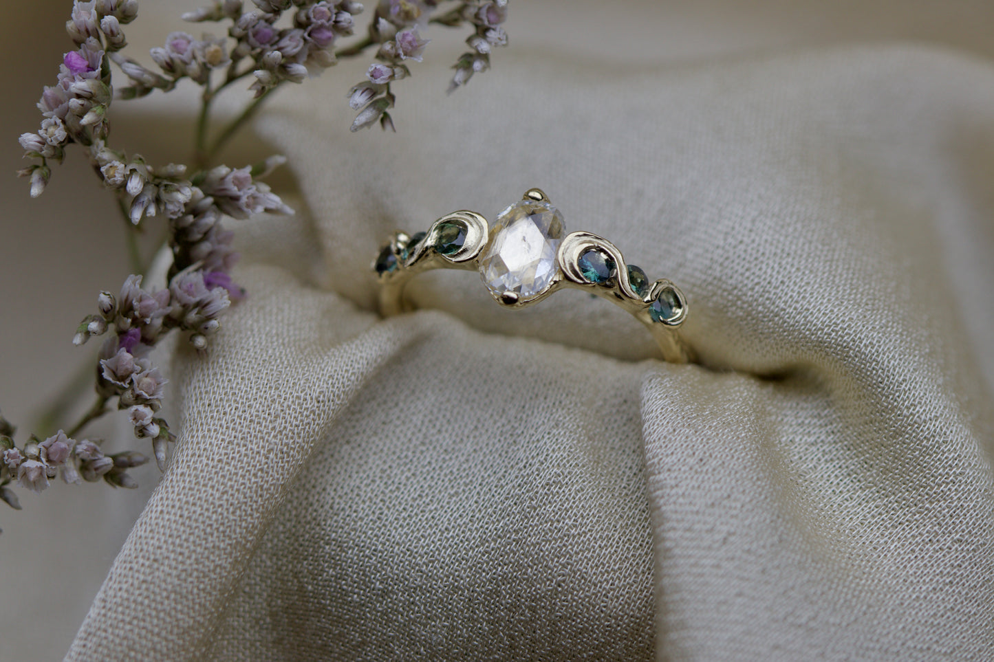 Champagne diamond and blue sapphire fae ring