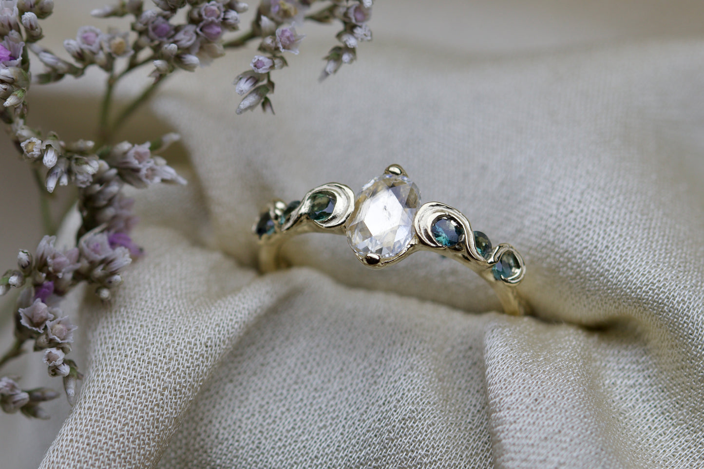 Champagne diamond and blue sapphire fae ring