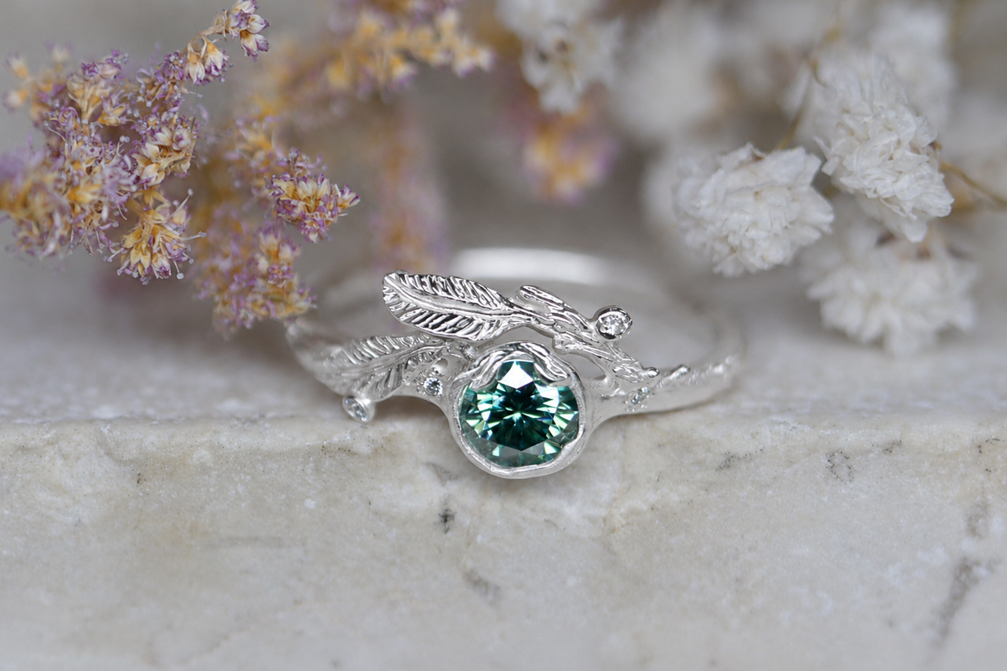 Sea green moissanite & diamond birch ring