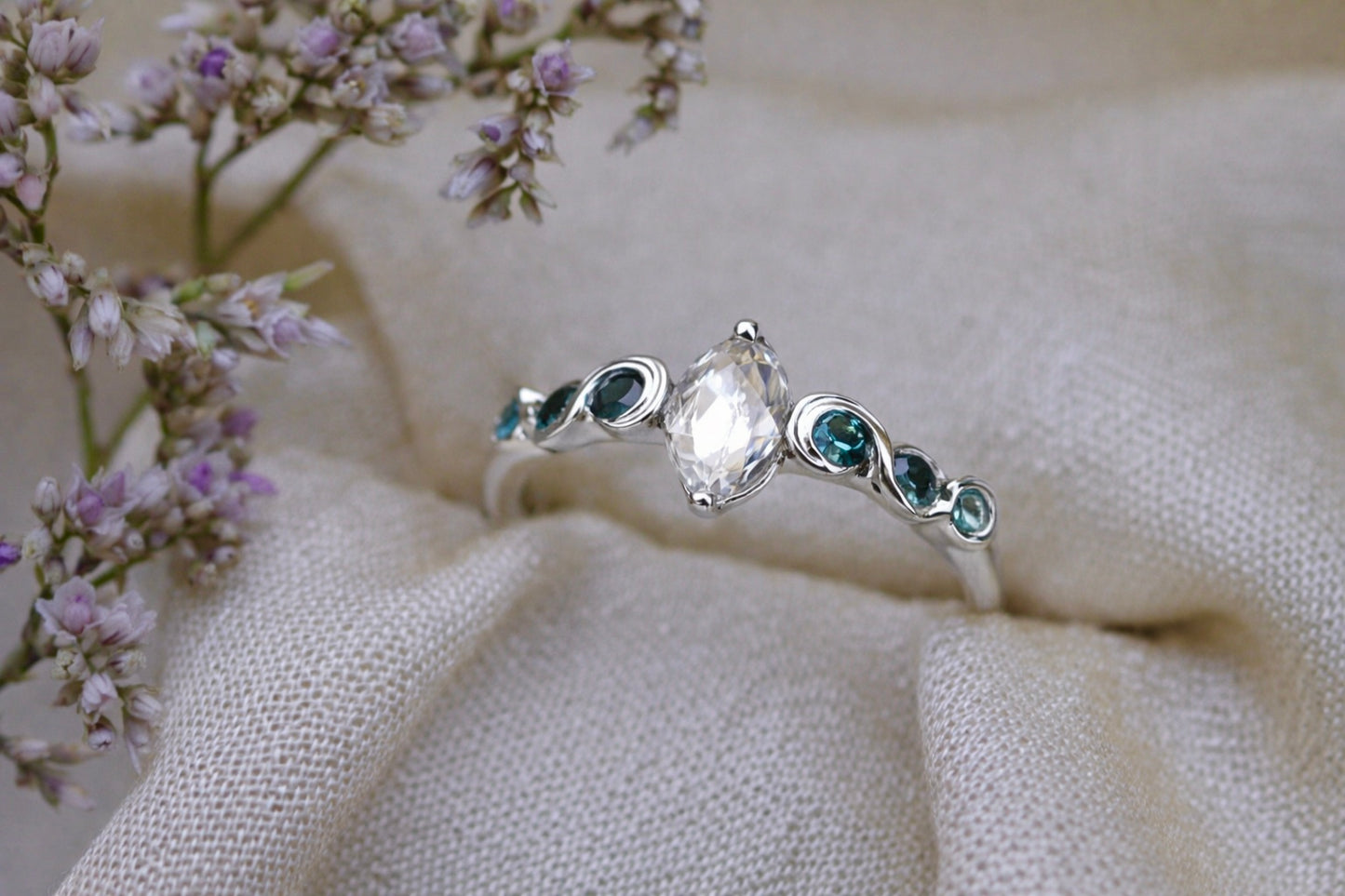 Champagne diamond and blue sapphire fae ring